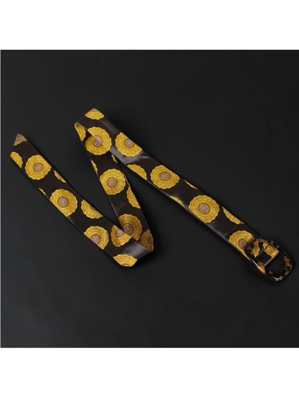 J Crew Tortoise Shell Style Buckle Silk Belt Womens S/M Black Yellow Embroidered - Picture 1 of 7